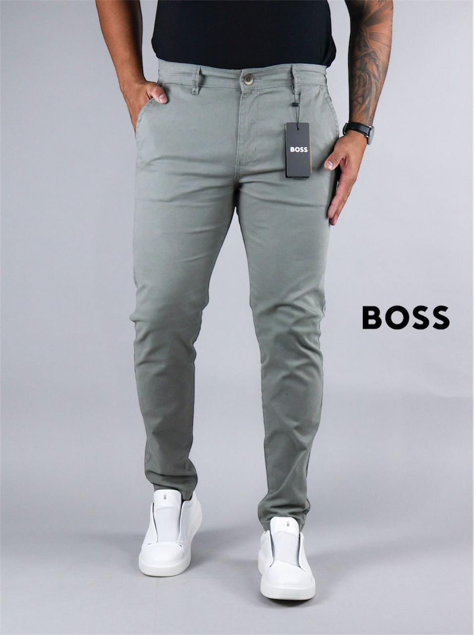 Calça Boss de Sarja Chino Stretch Slim Fit - Cinza